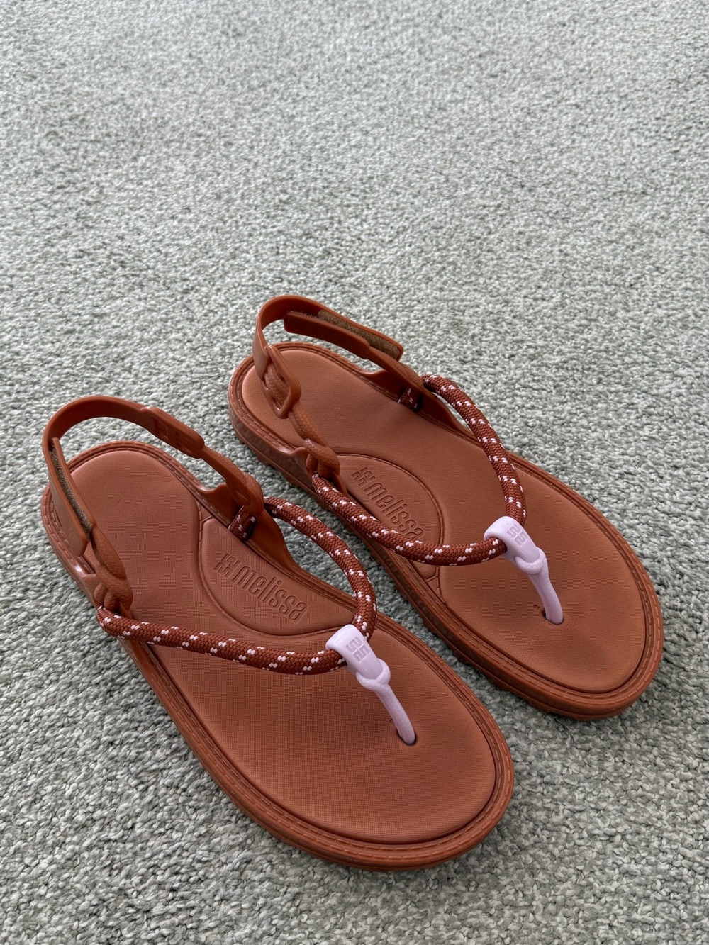 Melissa Brown Rope Thong Sandals with Pale Pink Accents